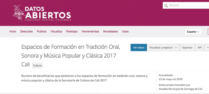Conjunto de Datos Abiertos Espacios de Formación en Tradición Oral, Sonora y Música Popular y Clásica 2017 Cali.