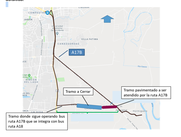 Con la puesta en servicio del primer tramo de la vía a Cascajal, se desvía la ruta A17B hasta el sector de Flamengo 