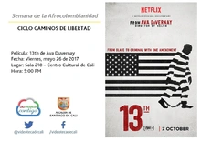 Semana de la Afrocolombianidad  CICLO CAMINOS DE LIBERTAD  Película: 13th de Ava Duvernay Fecha: Viernes, mayo 26 de 2017 Lugar: Sala 218 – Centro Cultural de Cali Hora: 5:00 PM