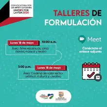 Talleres de formulación, Área: cadena de valor sector artístico, cultural y creativo, lunes 18 de mayo de 2020 03:00 PM