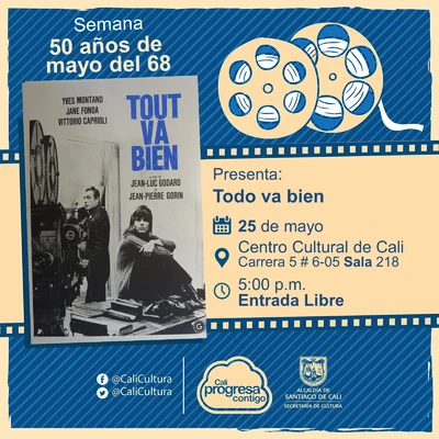 "Semana 50 años de mayo del 68 Película: Todo va bien de Jean-Luc Godard Año: 1972 Duración: 95 minutos Francia" - Sala 218 – Centro Cultural de Cali