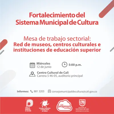 Mesa de Trabajo Sectorial: Red de Museos, centros culturales e instituciones de educación superior - 12 de junio 2019 - Centro Cultural de Cali - Carrera 5 No. 6-05 Auditorio Principal