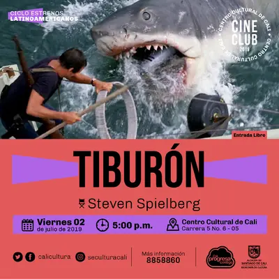 "Ciclo Películas Inolvidables Película: Tiburon de Steven Spielberg Año: 1975 Duración: 124 minutos Estados Unidos" - Sala 218 – Centro Cultural de Cali