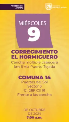 Jornada de Estetización -  Miércoles 9 de octubre CORREGIMIENTO EL HORMIGUERO Cancha Múltiple Cabecera Km 6 Puerto Tejada  COMUNA 14 Puerta del Sol Sector 5 frente a la cancha