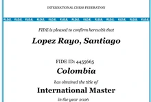 Santiago López Rayo, ajedrecista de ‘Cali Élite’, recibió oficialmente el título de Maestro Internacional de la FIDE