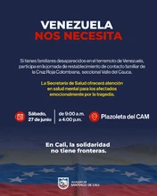 Este sábado, Alcaldía de Cali realizará  jornada de Restablecimiento del Contacto Familiar para  buscar desaparecidos por  terremoto en Venezuela