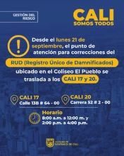 Solicitudes de correcciones del Registro Único de Damnificados se atenderán en los CALI 17 y 20