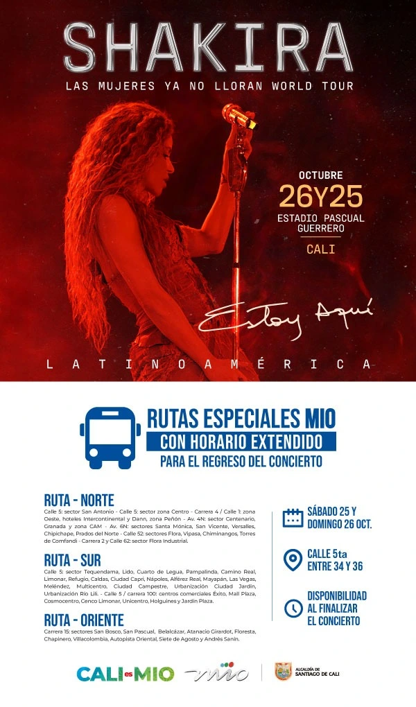 ¡El MIO te conecta con Shakira! Tres rutas especiales facilitarán el retorno a casa de asistentes a los conciertos en Cali