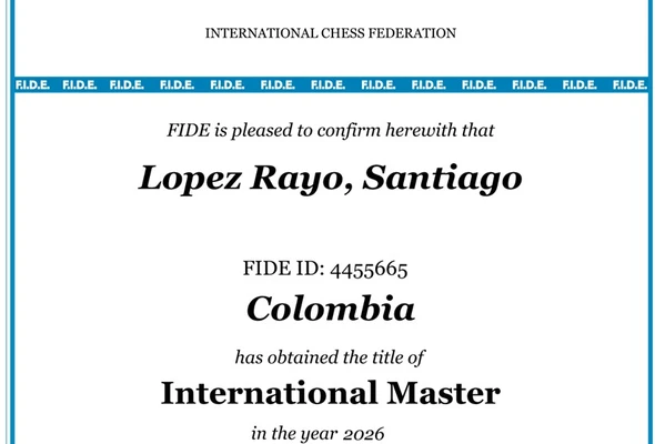 Santiago López Rayo, ajedrecista de ‘Cali Élite’, recibió oficialmente el título de Maestro Internacional de la FIDE