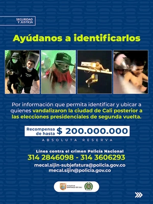 Alcalde Eder da a conocer cartel de los más buscados por actos vandálicos el pasado 21 de junio en Cali