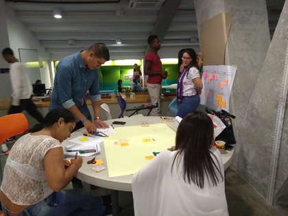 Equipo de innovación pegando ideas
