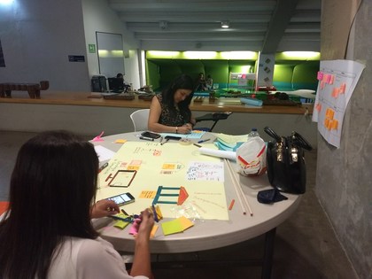 Equipo de innovación pegando ideas