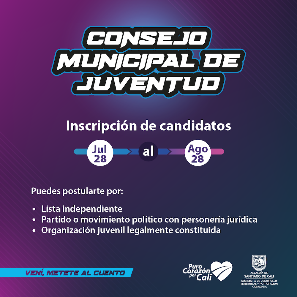 ¡Pilas! Hasta el 28 de agosto puedes postularte como candidato al Consejo Municipal de Juventud ¡Pilas! Hasta el 28 de agosto puedes postularte como candidato al Consejo Municipal de Juventud