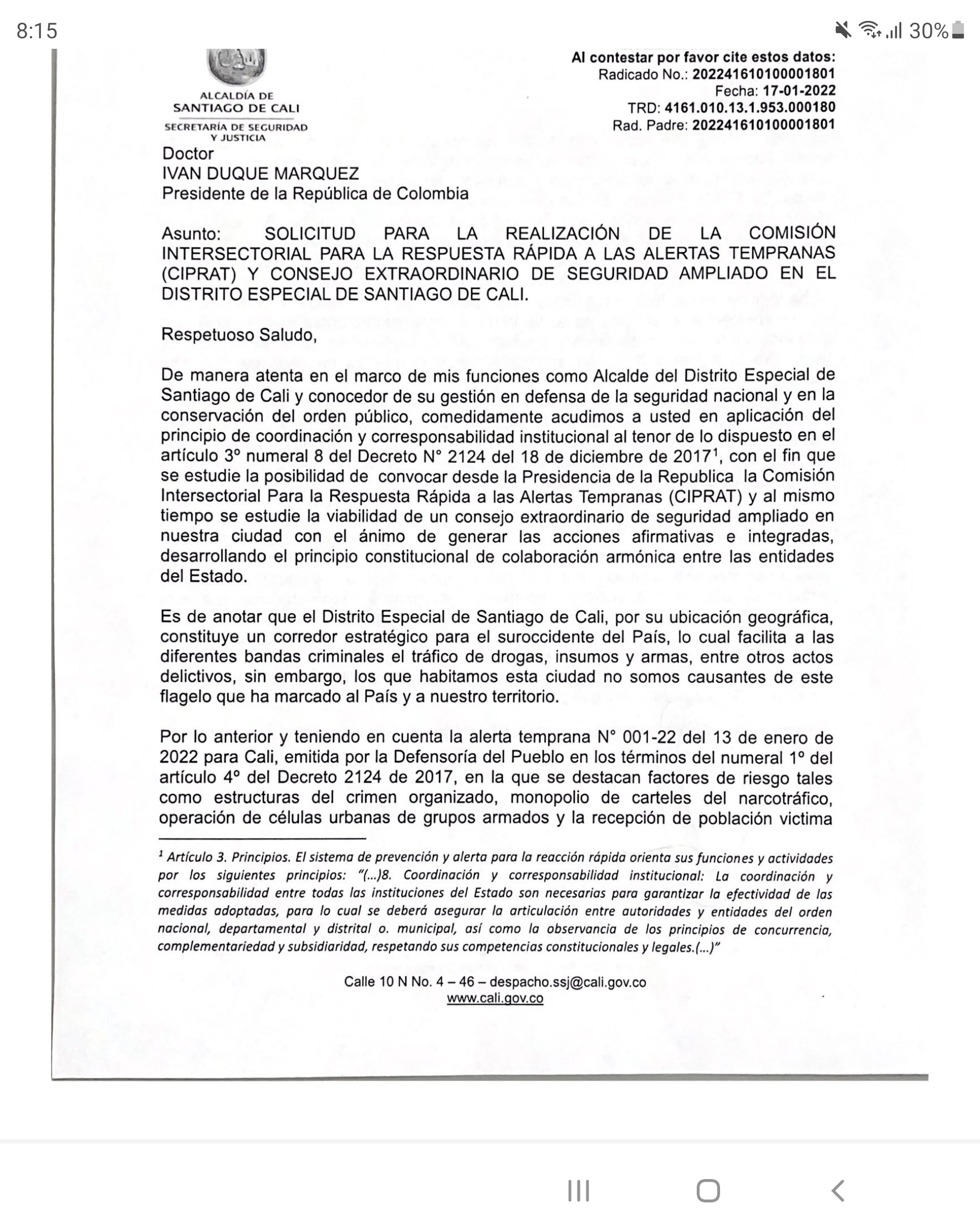 Cali urge por consejo extraordinario de seguridad nacional Cali urge por consejo extraordinario de seguridad nacional