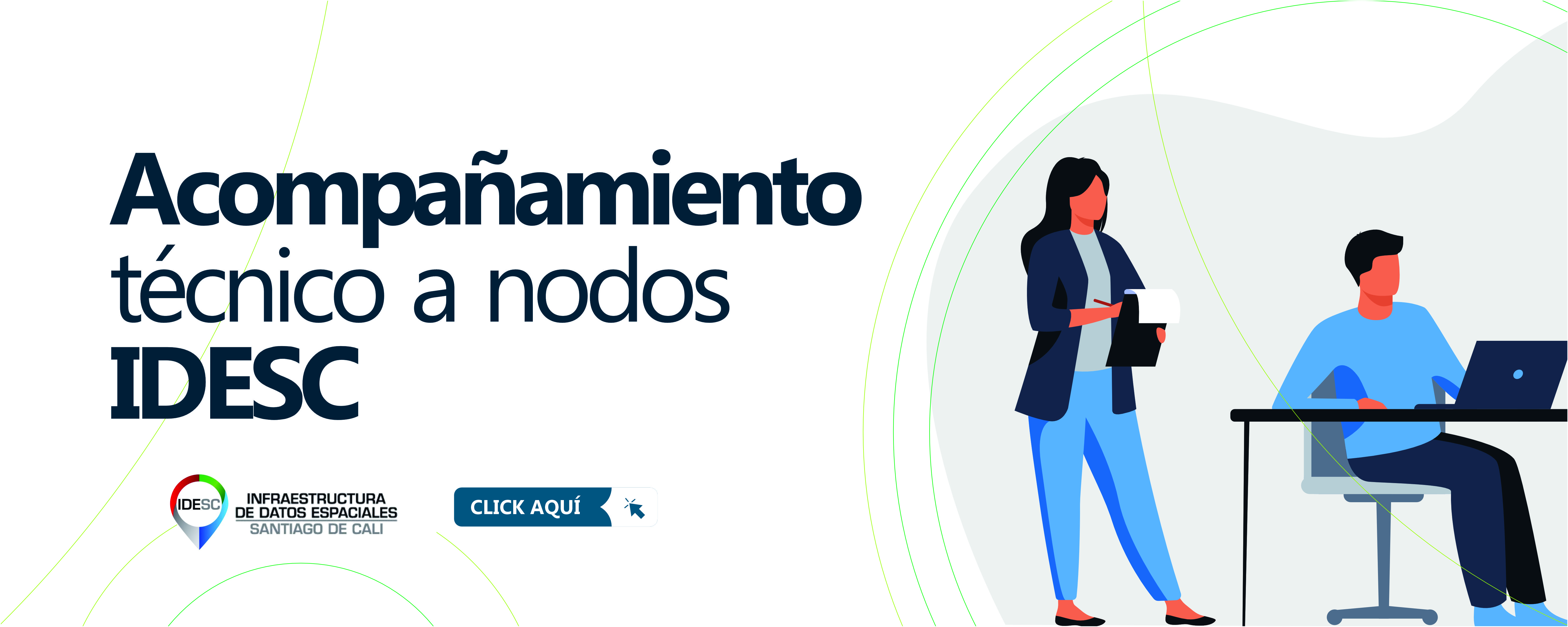 Pieza gráfica con una ilustración al lado derecho, donde se muestra a dos personas trabajando, una mujer con una libreta y un hombre con una computadora portátil y al costado izquierdo el título de la noticia y debajo un breve resumen y el logo de la IDESC.