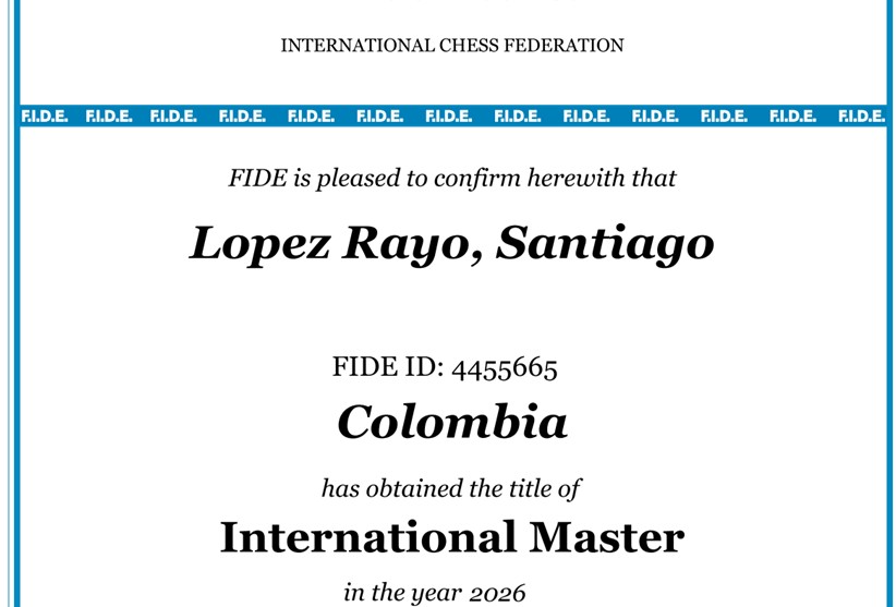 Santiago López Rayo, ajedrecista de ‘Cali Élite’, recibió oficialmente el título de Maestro Internacional de la FIDE