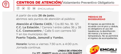 Emcali abre seis centros de  atención al público, este viernes 26 de junio