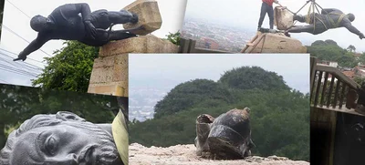 Bajada temporalmente de su pedestal la estatua de Sebastián de Belalcázar