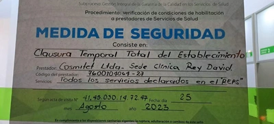 Salud Pública impuso medida de clausura temporal total a la clínica Rey David
