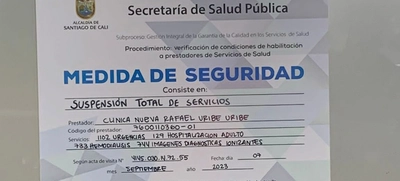 Salud Pública impone medida de seguridad a Clínica Nueva Rafael Uribe Uribe