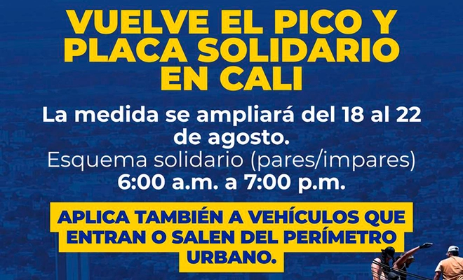 Pico y Placa Solidario se mantiene del 18 al 22 de agosto para facilitar la atención de la emergencia en Cali
