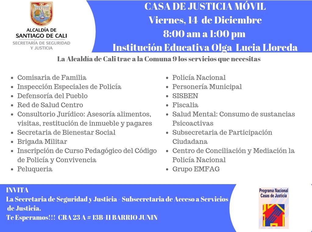 Invitación Casa de Justicia Móvil Institución Educativa Olga Lucia Lloreda Comuna 9
