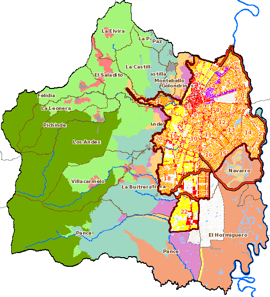 Mapa con la división política administrativa de Santiago de Cali, el cual muestra las áreas de manejo en la zona rural y las áreas de actividad en la zona urbana de acuerdo al POT 2014.