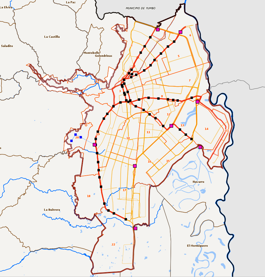 Imagen del mapa del Sistema Integrado de Transporte Masivo MIO en el Geovisor IDESC, en el cual se muestran algunas de sus capas activadas.