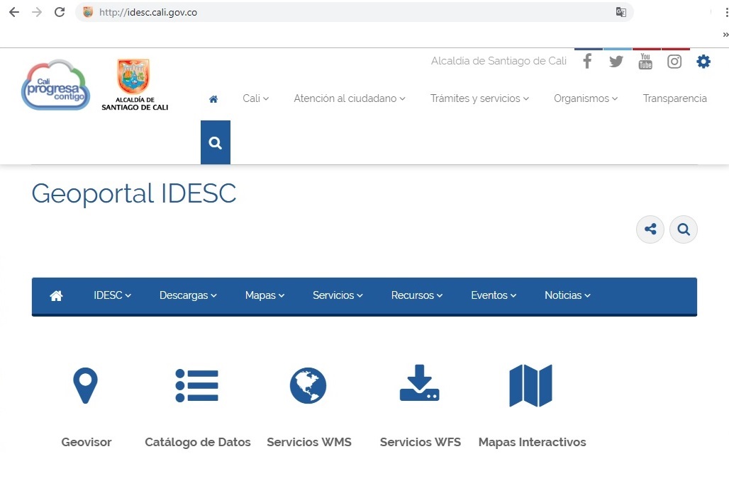 Imagen de la página de inicio del Geoportal IDESC, donde se encuentra el menú de opciones y los servicios más destacados.