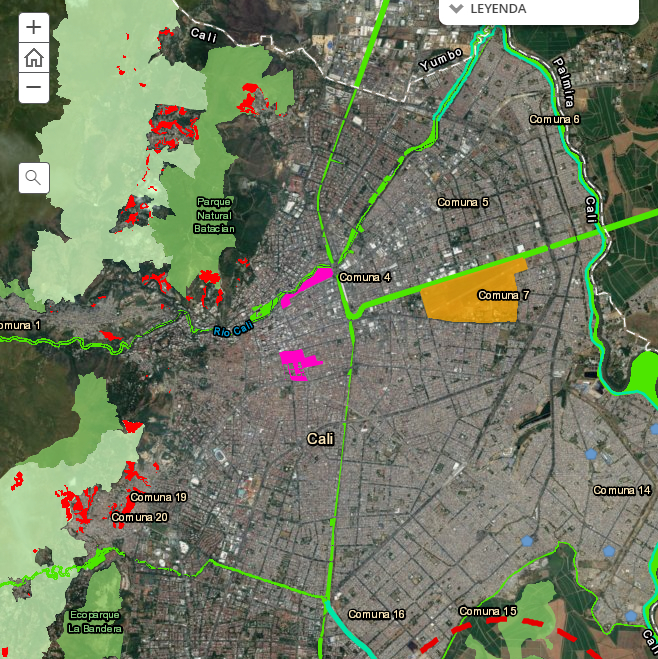 Mapa con la división política administrativa de Santiago de Cali, el cual muestra las áreas de manejo en la zona rural y las áreas de actividad en la zona urbana de acuerdo al POT 2014.