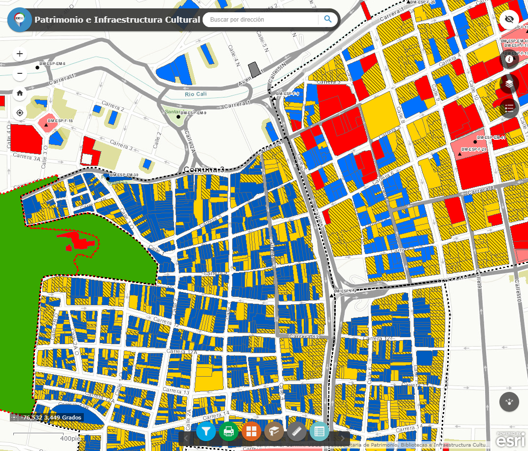 Imagen de la aplicación en la que muestra el mapa de la ciudad de Cali con la locallización del Patrimonio e Infraestructura Cultural.