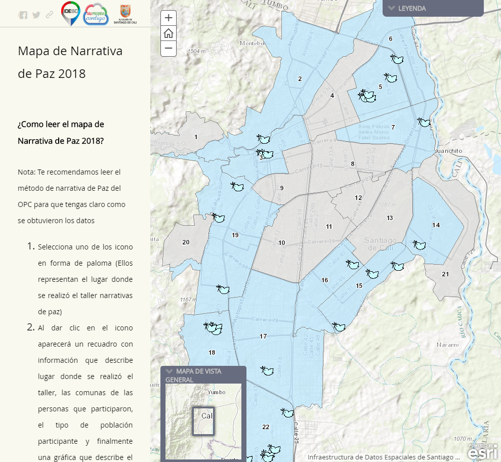 Imagen de la aplicación web geográfica de Narrativas de Mapas con el mapa de Cali al fondo.