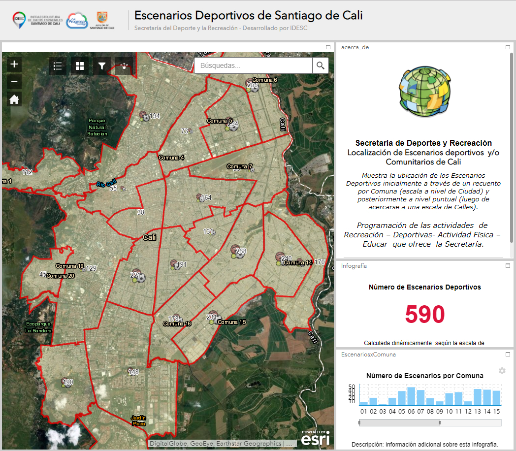 Imagen de la aplicación donde se muestra el mapa de Cali con la agregación de escanarios deportivos de la ciudad.