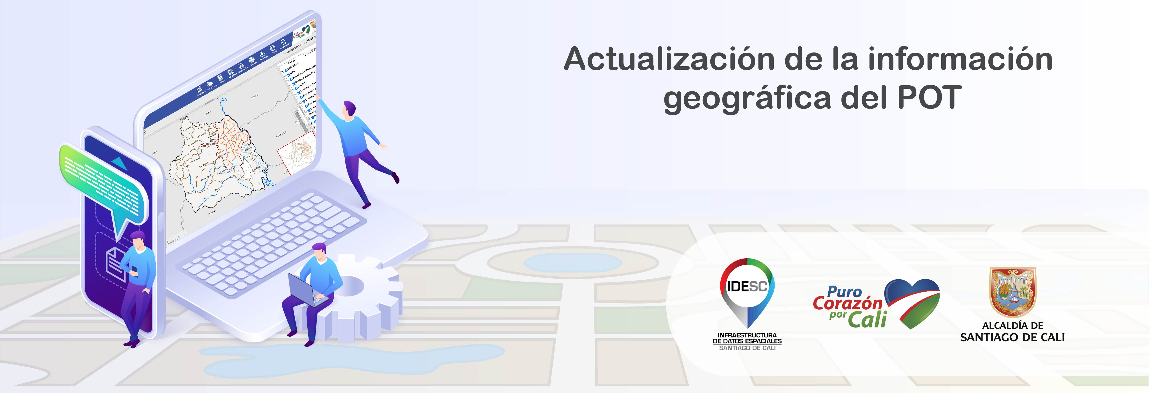 Pieza gráfica donde se muestra a tres personas alrededor de una computadora portátil consultando la información geográfica del POT a través del Geovisor IDESC y en la parte inferior derecha los logos institucionales.