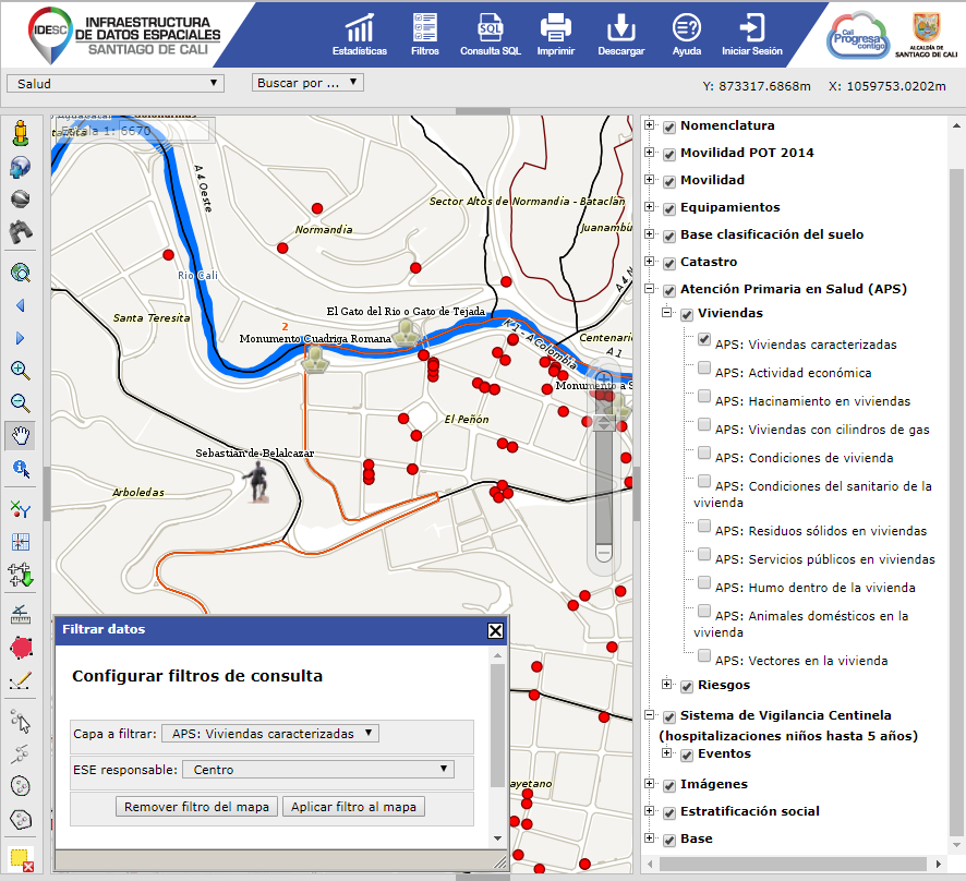 Geovisor IDESC donde se muestra el mapa de Salud con la localización de las viviendas caraterizadas por la Estrategia de Atención primaria en Salud.