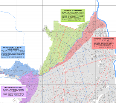 Mapa con la localización de los sectores geográficos para la asignación de nomenclatura vial en diferentes colores.