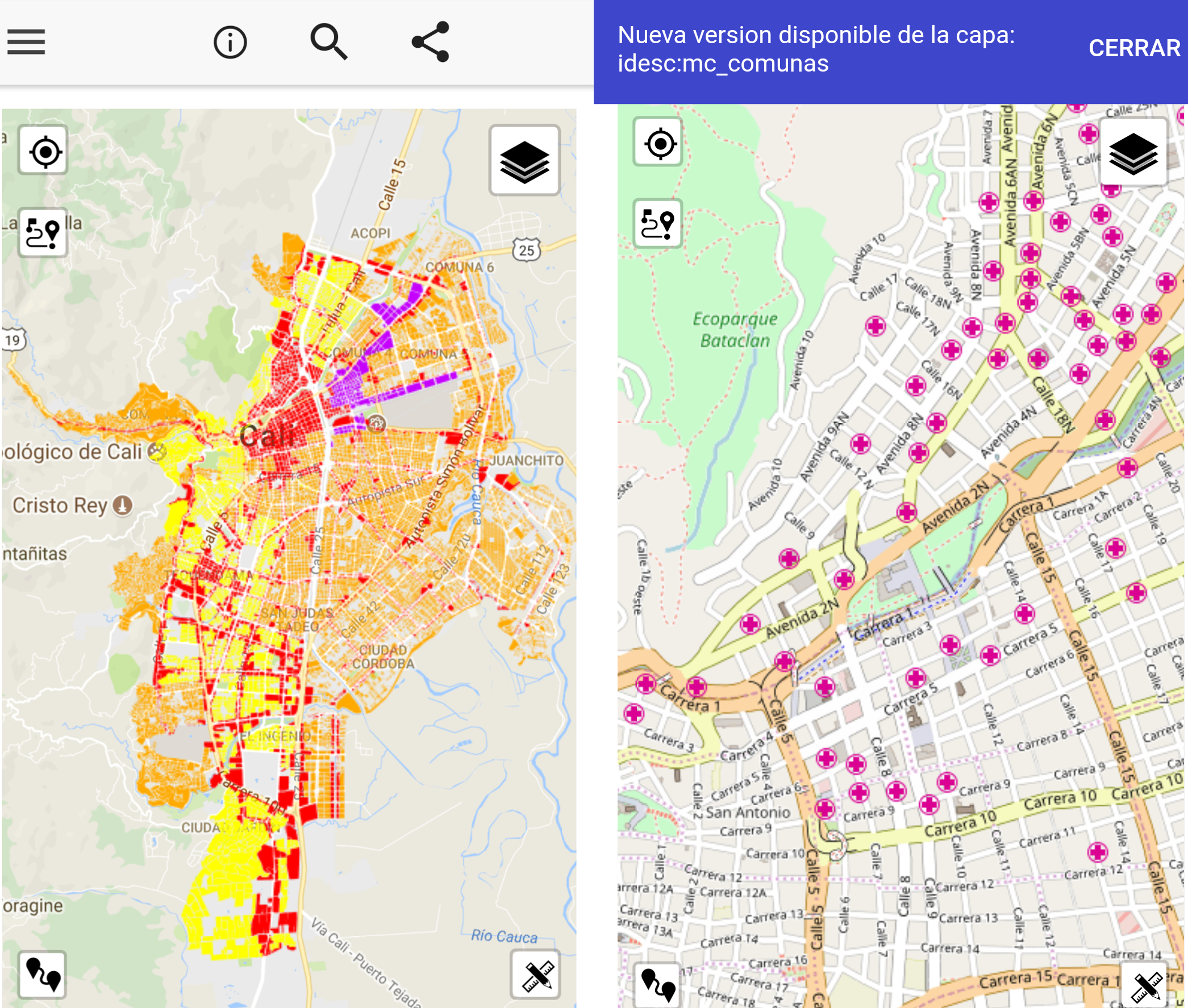 Capturas de pantalla de la aplicación móvil de la IDESC donde se muestran imagenes de dos mapas del Municipio.