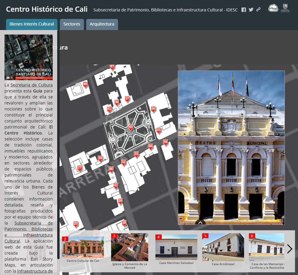 Imagen de la aplicación donde se muestra un mapa localizado en el Centro Histórico y algunas fotografías de edificaciones representativas.