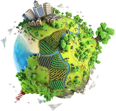 Imagen de un globo terrestre con edificaciones, plantaciones y oceano.
