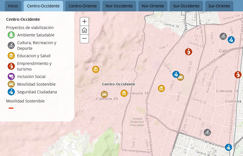 Imagen de la aplicación Pactos Locales, la cual muestra un mapa con la localización de los categorizados.