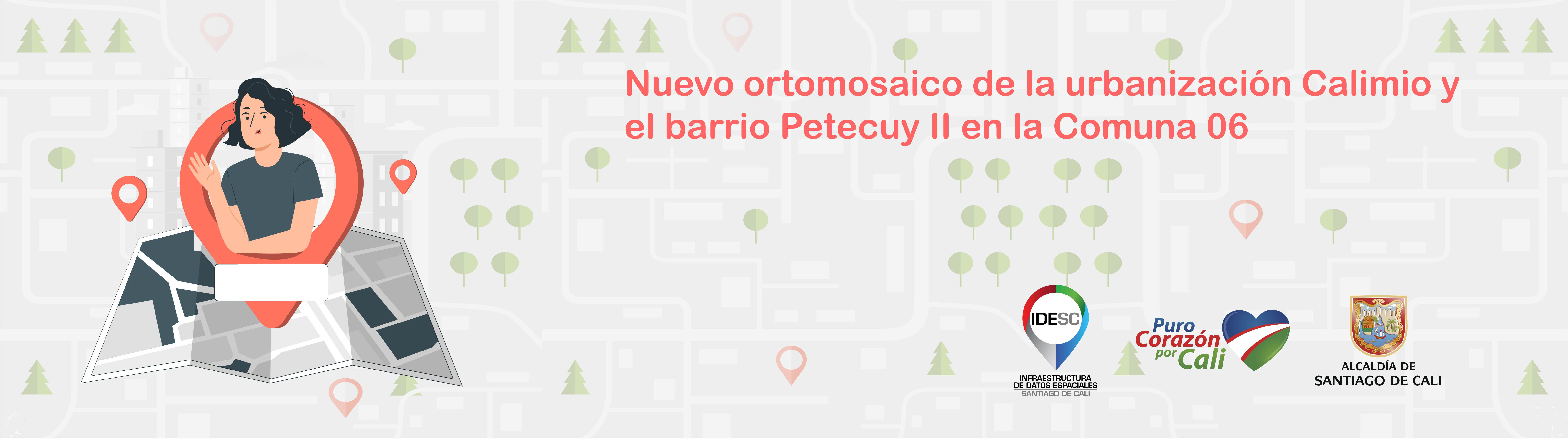 Pieza gráfica que contiene la imagen de un mapa sobre el cual se posa un ícono de posición con una mujer saludando y al fondo un mapa con calles, árboles e íconos de posición  y aún lado los logos institucionales.