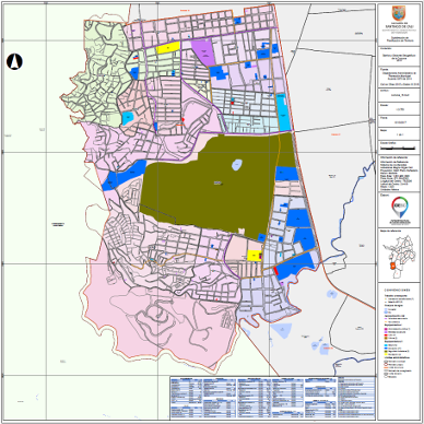 Mapa de la comuna 18 con sus división de barrios en colores, vías, separadores urbanos, equipamientos, entre otros.