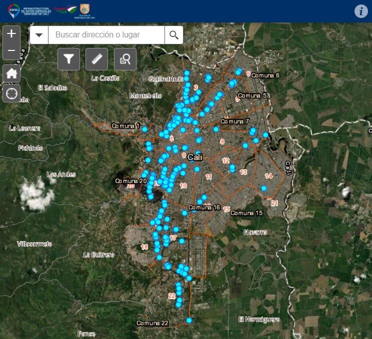Imagen de la aplicación de Consulta de Vallas Publicitarias, la cual muestra una imagen de satélite de la ciudad de Cali con la localización de las vallas publicitarias.