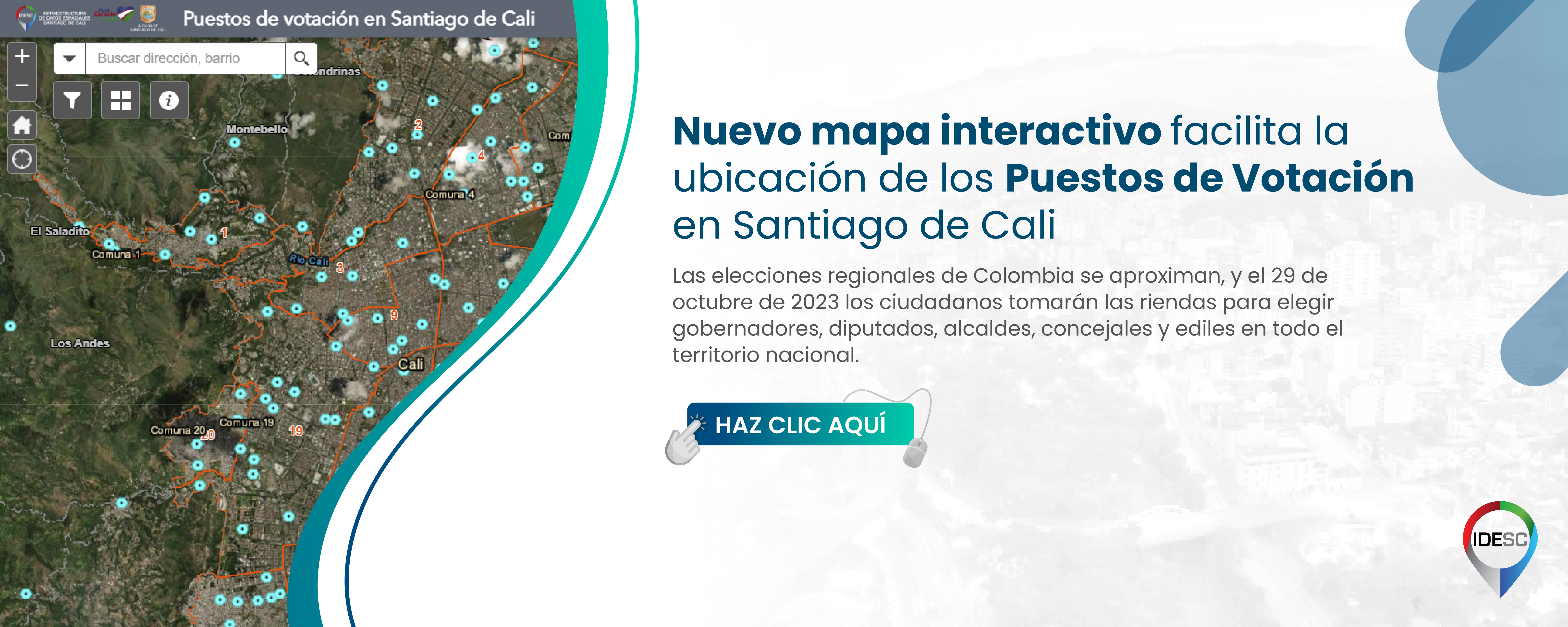 Pieza gráfica que contiene al lado izquierdo el mapa de Santiago de Cali con la localización de los puestos de votación en color cian y al costado derecho el título de la noticia y debajo un breve resumen.