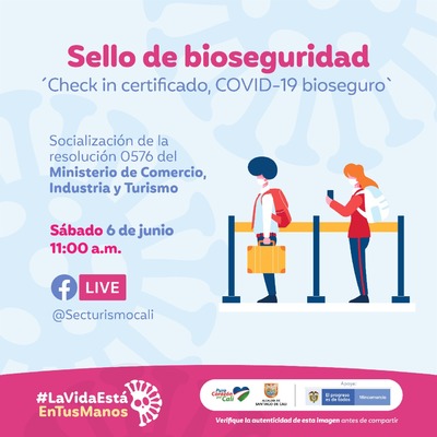 Sello de bioseguridad "check in certificado, covid-19 bioseguro"